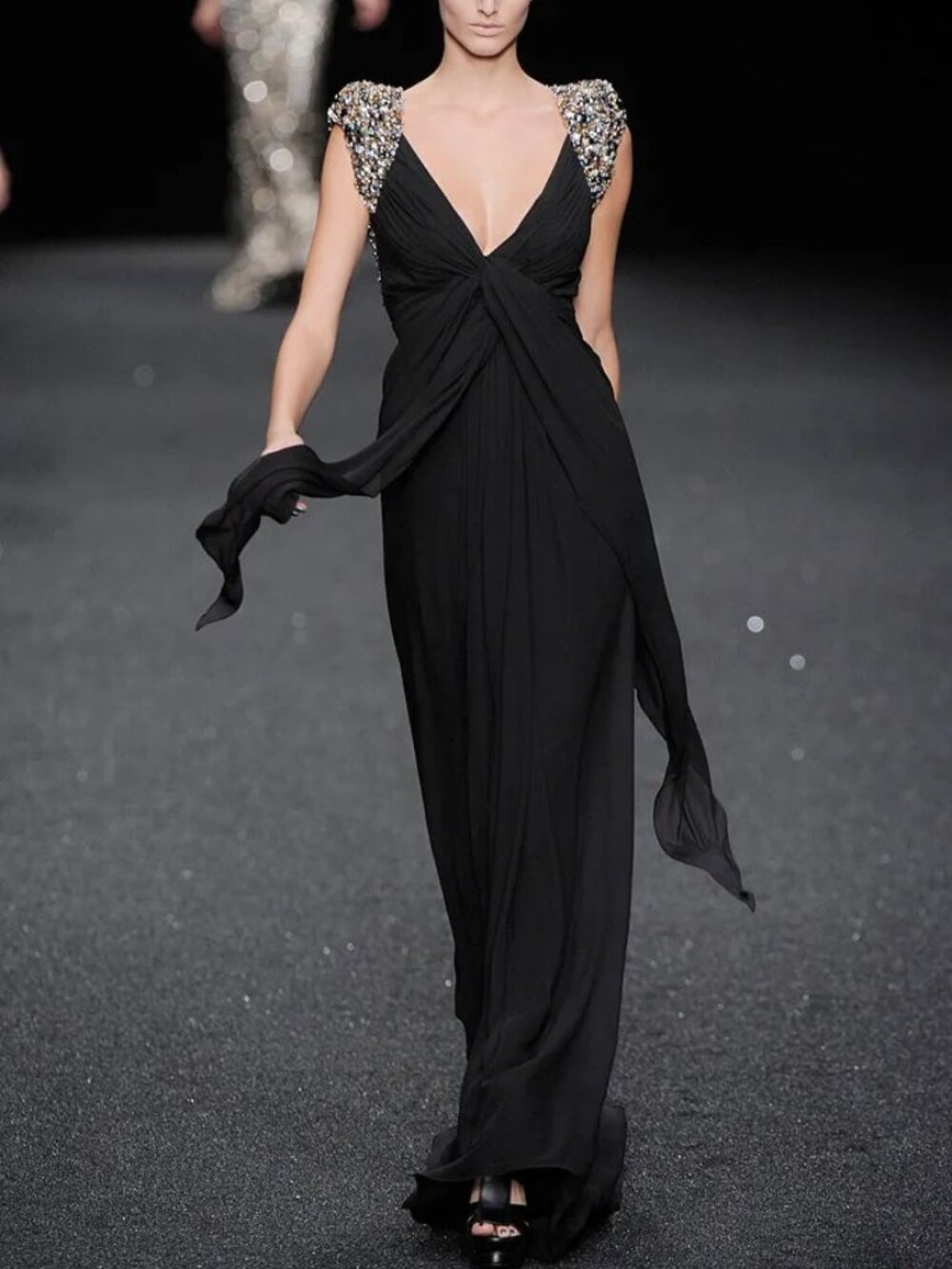 Elie Saab Black Silk Crystal Shoulder Runway Gown Spring Summer 2010